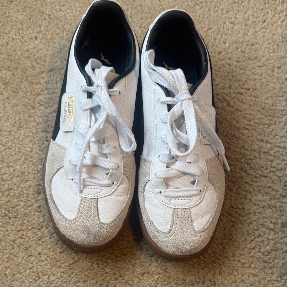 Puma Palermo Leather & Suede Sneakers in White, Black & Gum - Picture 2 of 2